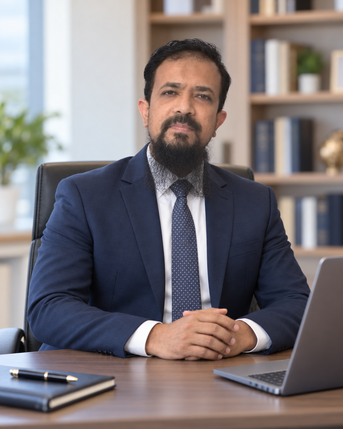 Usman Badar Siddiqui seated at an office desk in a navy suit